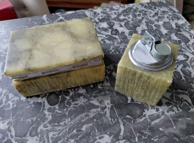 Antique Italian alabaster smoking set cigarette box and lighter