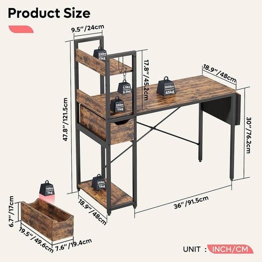 Computer Desk with Storage Shelves 120CM Corner Desk with Drawer Reversible Computer Desk Writing Table with Side Pocket Storage Bag and Headphone Hook for Home Office Small Space
