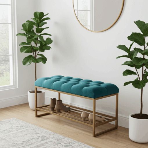 Teal Velvet Upholstered Bench / Shoe Rack