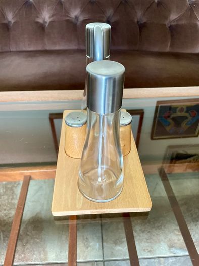 Vintage Bodum Oil Vinegar Salt Pepper Cruet Set by Georg Fontana Danish Beechwood with Aluminum 1990s