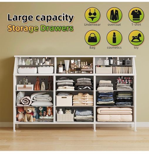 Dresser for Bedroom with 13 Drawers, 55 Wide Chest of Drawers, Fabric Dresser with 2 Wooden Shelves
