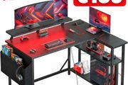 L Shaped Gaming Desk with LED Lights &amp; Power Outlets, 120x80cm Corner Computer Table with Storage Bag &amp; Adjustable Shelves &amp; Large Monitor Stand, Home Office Study Workstation, Carbon Black