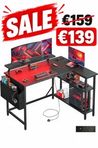 L Shaped Gaming Desk with LED Lights & Power Outlets, 120x80cm Corner Computer Table with Storage Bag & Adjustable Shelves & Large Monitor Stand, Home Office Study Workstation, Carbon Black