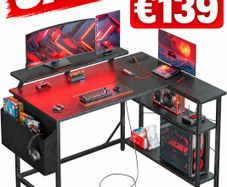 L Shaped Gaming Desk with LED Lights & Power Outlets, 120x80cm Corner Computer Table with Storage Bag & Adjustable Shelves & Large Monitor Stand, Home Office Study Workstation, Carbon Black