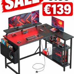 L Shaped Gaming Desk with LED Lights & Power Outlets, 120x80cm Corner Computer Table with Storage Bag & Adjustable Shelves & Large Monitor Stand, Home Office Study Workstation, Carbon Black