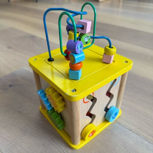 wooden shape sorter and activity cube