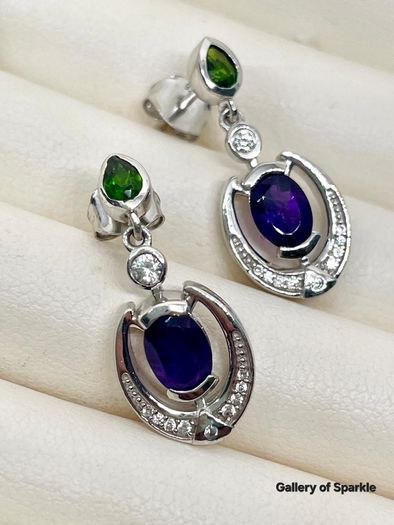 AAA African Amethyst, Natural Chrome Diopside & White Zircon Dangling Push Back Earring in Rhodium Overlay Sterling Silver