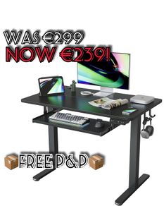 NEW SALE | Height Adjustable Electric Standing Desk with Keyboard Tray, 100 x 60 cm Sit Stand up Desk with Splice Board, Black Frame/Black Top
