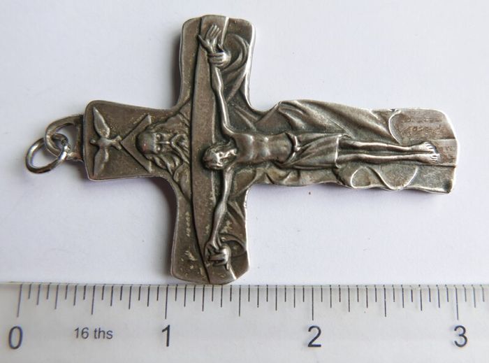 Vintage Holy Trinity Crucifix in silvered brass 14 x 9 cm