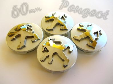 1set Peugeot 60mm Alloy Wheel Center Caps cap Hub Cover silver & chrome logo