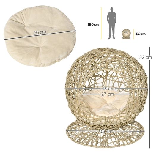 Wicker Cat Bed, Rattan Kitten Basket, Elevated Kitty House Cozy Cave with Soft Cushion 48 x 52cm Brown