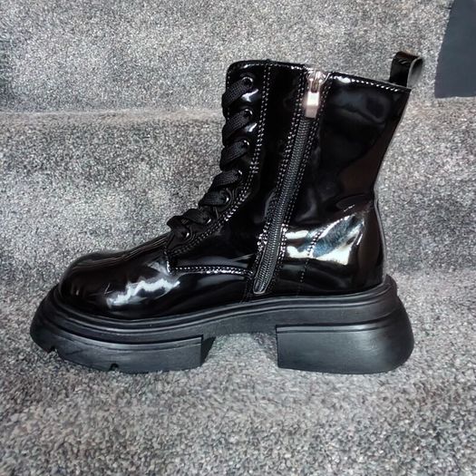 Black Shinny leather funky ankle boots, size 40