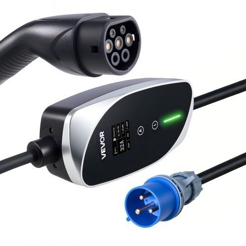 Mobile Wallbox, 7.4 kW 32A, Type 2 Portable EV Charger, Single Phase Electric Vehicle Car Charger with 6 m Charging Cable, CEE Plug, LCD Screen, Adjustable EV Charging Station, IP66 Control Box