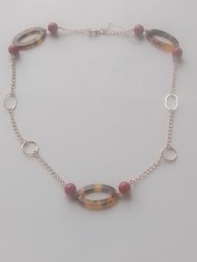 Gold Tone Tortoiseshell and Pink Bead Necklace 14 Inch