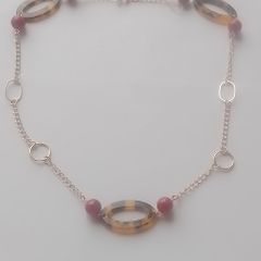 Gold Tone Tortoiseshell and Pink Bead Necklace 14 Inch