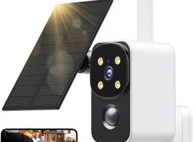 PESAIR DD320, 180 degrees Solar-Powered Security Camera, 2K Wireless Outdoor/Indoor Camera with PIR Detection, Color Night Vision, Two-Way Audio, 2.4GHz Wi-Fi, IP65 Waterproof, White