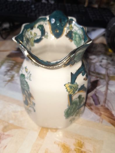 Beautiful Old Mason Jug, England, Chartreuse pattern, teal, green and gilt floral chinoiserie decoration shaped rim and scroll handle mid 20th century