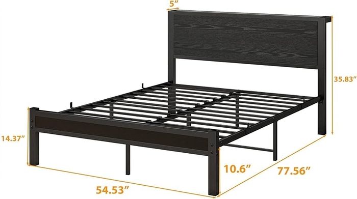 Double Bed Frame with Wooden Storage Shelf Headboard, Metal Platform Bed Frame Double Bed, No Box Spring Needed, Enhanced Support, Black