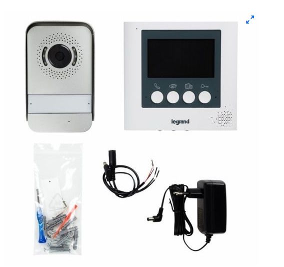 Legrand video intercom kit, consisting of an interior video monitor with a 4.3-inch color screen and wide-angle night vision exterior intercom, white finish.