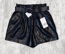 Zara Size M Black Faux Leather Paperbag Shorts With Belt NWT