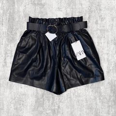 Zara Size M Black Faux Leather Paperbag Shorts With Belt NWT