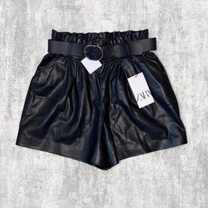 Zara Size M Black Faux Leather Paperbag Shorts With Belt NWT