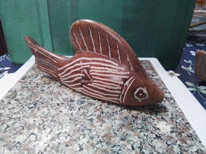 Two Stone Carved  Fish & a Stone Carved Bud Vase