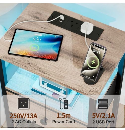Bedside Table with Charging Station, Small Sofa Side Table with LED Light