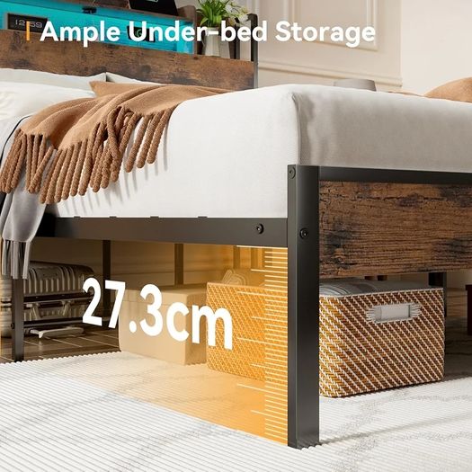 4ft6 Double Bed Frame with Storage Wooden Headboard, LED Light & Charging Station, Platform Metal Bed Frame Double with Underbed Storage, Strong Metal Slat Support