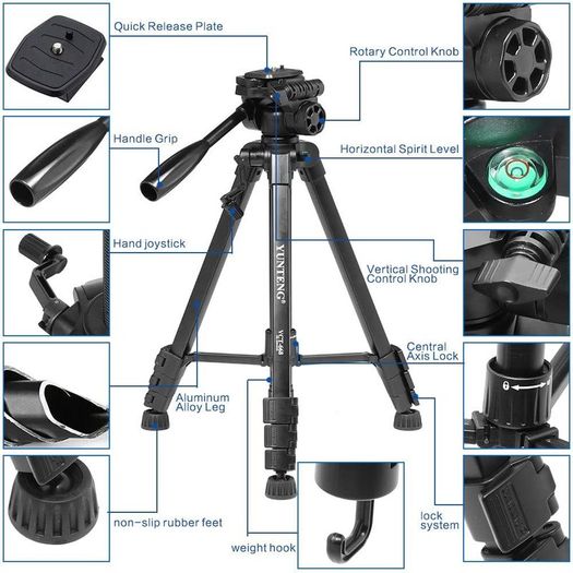 Professional Camera Tripod Kit with Double Support 360 Degree Pan Pan Head Realease Quick Release Plate for Nikon Canon Panasonic Sony Olympus Pentax