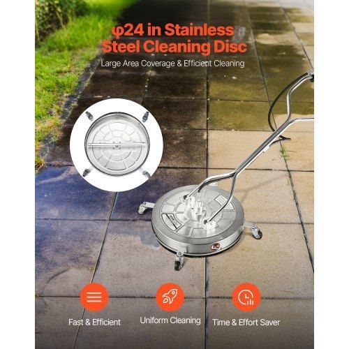 24" Pressure Washer Surface Cleaner, Stainless Steel Pressure Washer Attachments with 4 Wheels, 4000 Max PSI, 3/8 Quick Connector, 2 Spray Nozzles