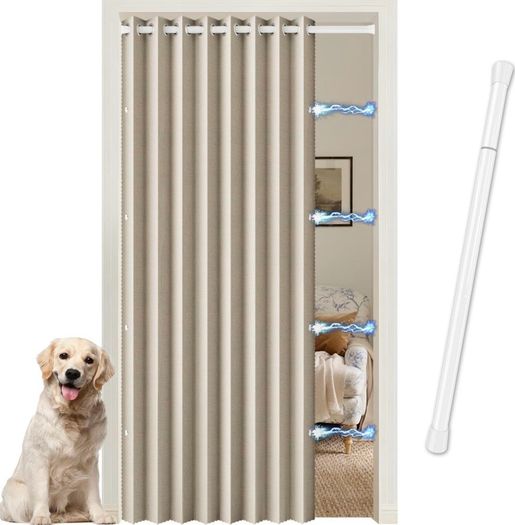 Temporary Door Curtain & Room Divider with Rod Linen Look, Folding Accordion Door Cover, with Magnetic Closures,W 60" x L77",Temporary Door