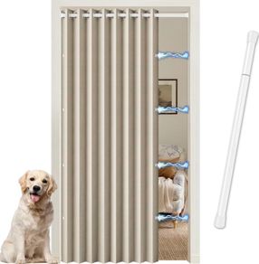 Temporary Door Curtain & Room Divider with Rod Linen Look, Folding Accordion Door Cover, with Magnetic Closures,W 60" x L77",Temporary Door