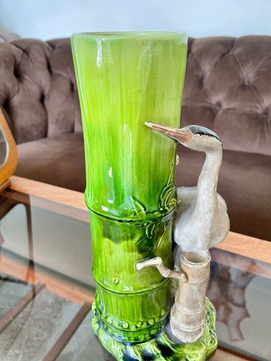 Antique Art Pottery Bretby Pottery 1890s Bamboo and Stork Large Spill Vase