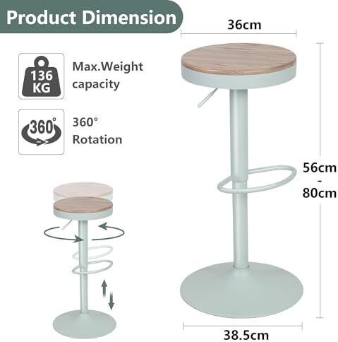 Bar Stools, Solid Wood Counter Height Barstools Set of 2, Vintage High Adjustable 360 Swivel Metal Bar Chairs, Breakfast Kitchen Stools, Mint Green