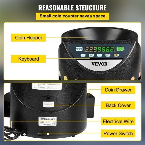 Euro Coin Counter Sorter 500-1000 Coins Electronic Automatic EUR Coin Counting Machine 300 Coins Per Minute with 8 Coin Drawers for School Shop Bank (FREE SHIPPING)