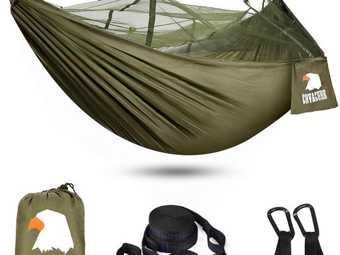 Camping Hammock with Mosquito Net - Ultralight Travel Hammock - 210T Parachute Nylon with 10FT Tree Straps for Camping Hiking Backpacking - Indoor Outdoor Garden (FREE POSTAGE)