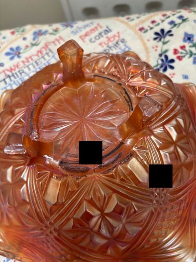 A bundle of vintage - retro pieces, Carnival Glass , Anchor Hocking Fire King, Large Ribbed Glass Butter Dish, Citrus Juicer, Three Footed Glass Sugar Bowl and Jug