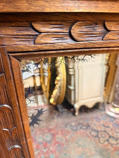 Late 19th Century Belgian Gothic Carved Oak Beveled Mirror