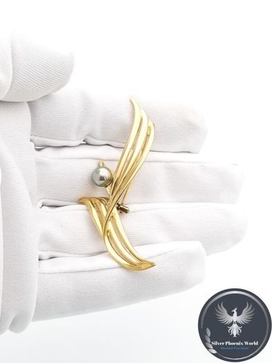Signed Majorica Gold Plated Sterling Silver Faux Pearl Brooch