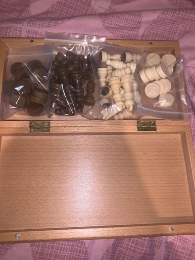 Boxed wooden chess board, prices and checkers set