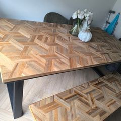 Large Wooden Dining Table & Matching Bench
