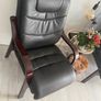 Pair of Black Leather Office / Visitor Armchairs with Mahogany Wooden Arms Image 8