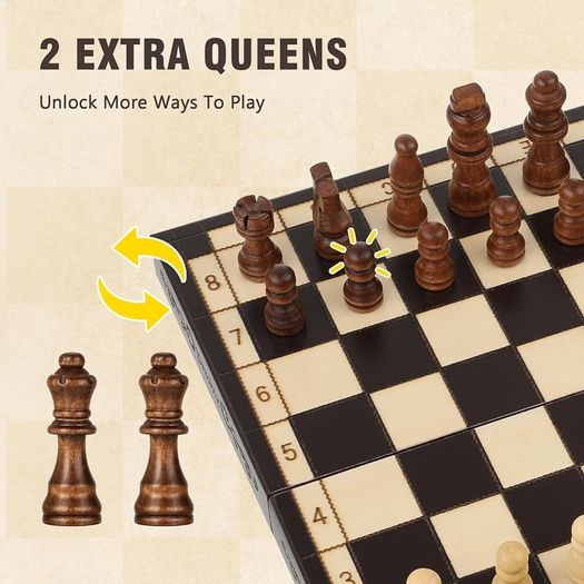 Chess Set | Wooden Chess Board Piece Set Games | 29x29cm Folding Chessboard for Storage | 2 Extra Queen | Strategy Educational Games for Kids and Adult