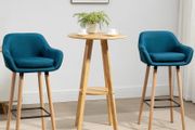 Scandinavian Design Bar Stools - Set of 2 Bar Stools with High Comfort, Footrests, and Armrests - Solid Wood Blue Linen