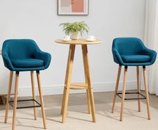 Scandinavian Design Bar Stools - Set of 2 Bar Stools with High Comfort, Footrests, and Armrests - Solid Wood Blue Linen