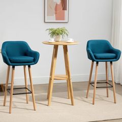Scandinavian Design Bar Stools - Set of 2 Bar Stools with High Comfort, Footrests, and Armrests - Solid Wood Blue Linen