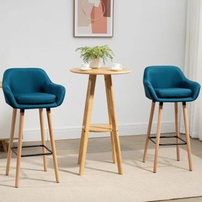 Scandinavian Design Bar Stools - Set of 2 Bar Stools with High Comfort, Footrests, and Armrests - Solid Wood Blue Linen