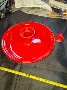 Beautiful Old Genuine Red Enamel Candlestick Holder and Drip Tray, Postage Available
