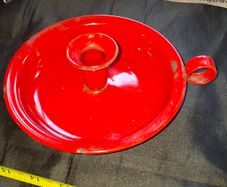 Beautiful Old Genuine Red Enamel Candlestick Holder and Drip Tray, Postage Available